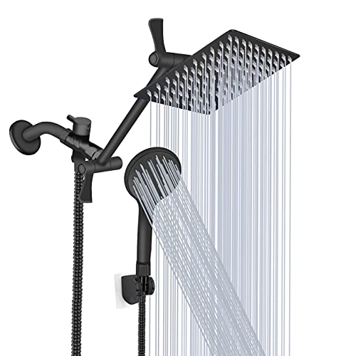 Shower Head 10‘’ High Pressure Rainfall Shower Head/Handheld Shower Combo with 11'' Extension Arm, 9 Settings Anti-leak Head with Holder, Height/Angle Adjustable, Chrome, Matte Black