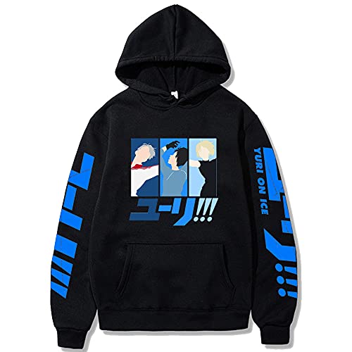 colanperd Harajuku Anime Yuri on Ice Hoodie Hip Hop Long Sleeve Sweatshirt with Pocket Black