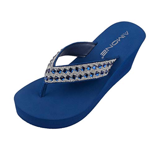 AIMONE-Confetti Womens Navy Blue Flip Flops High Heel Wedge Sandals Sparkly Jewels Beach Wedding Shoes(6 M US)