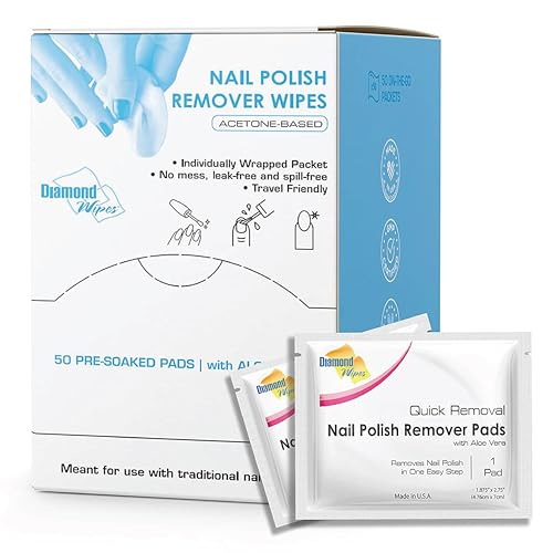 Diamond Wipes Nail Polish Remover Wipes with Aloe Vera, Acetone Nail Polish Remover Pads, 50 Individually Wrapped Nail Polish Wipes