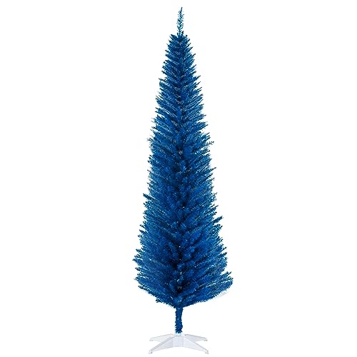 HOMCOM 7' Artificial Pencil Christmas Tree, Slim Xmas Tree with 499 Realistic Branch Tips and Plastic Stand, Blue