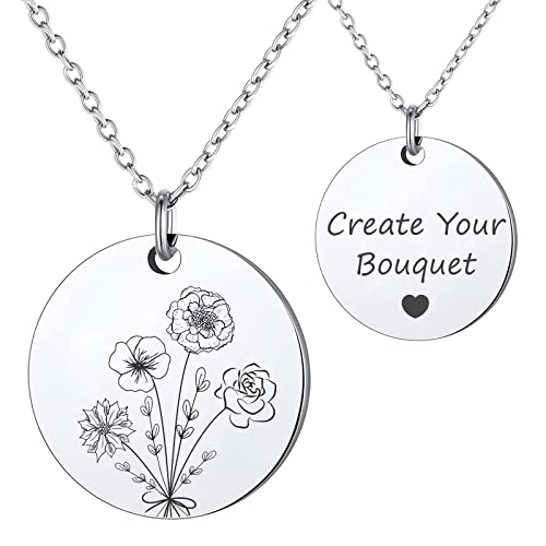 Anavia 'Build Your Own Bouquet' Birth Month Flowers Necklace, Personalized Engraved Floral Coin Necklace, Customized Birthday Gifts Love Jewelry for Her Mom Sisters Friends Family (Silver, 4 Flower Bouquet)