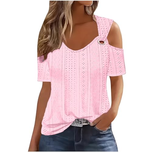 2024 Black of Friday Deals Womens Summer Tops Dressy Casual Sexy Clod Shoulder V Neck Tshirts Trendy Hollow Out Eyelet Womens Blouses Y2k Going Out Tunic Tops Comfy Solid Plus Size Blouses Tees, Pink