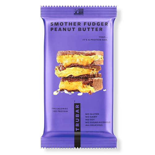 TRUWOMEN TRUBAR Plant Fueled Protein Bars, Smother Fudger Peanut Butter (12 Count)| Non-GMO, Vegan, Gluten Free, Kosher, Soy Free, Dairy Free, No Sugar Alcohols, Low Sodium, Natural Ingredients | 12g Protein