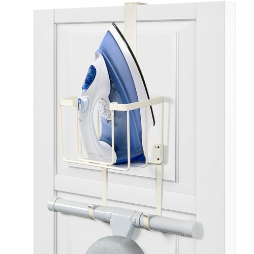ORLESS Over The Door/Wall Mount Ironing Board Hanger, Laundry Room Iron and Ironing Caddy Board Storage Holder, White