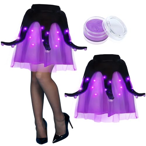 Xtinmee 3 Pcs Halloween Mermaid Cosplay Costume Girls Octopus Costume Black Tentacles Cover Purple Mesh Skirt Purple Face Paint LED Light for Girls Kids Christmas Masquerade Decor