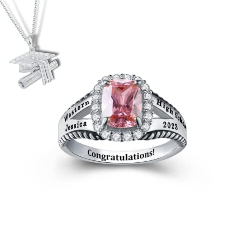 PJM Customized Sterling Silver Women’s High School Class Ring – Style Collection – Fully Personalized (Sterling Silver Platinum)