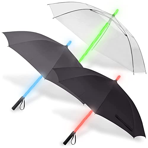 Liberty Imports 3 PACK - LED Light Up Umbrellas with 7 Color Changing Effects | Windproof Golf Umbrellas with Flashlight Handle (Clear/Black/Gray)