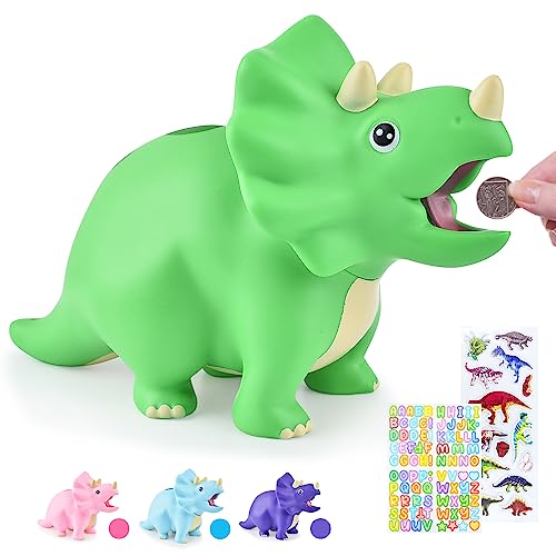 Dinosaur Piggy Bank for Kids, Unbreakable Plastic Money Coin Bank for Boys and Girls, Great Gifts for Birthday, Christmas, Baby Shower (Green)