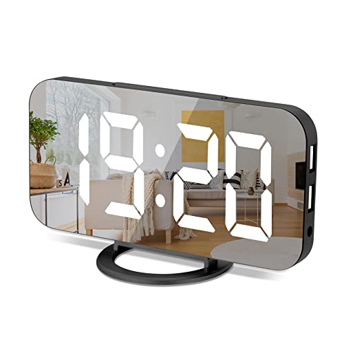 Digital Alarm Clock,6' Large LED Display with Dual USB Charger Ports | Auto Dimmer Mode | Easy Snooze Function, Modern Mirror Desk Wall Clock for Bedroom Home Office for All People (Black)