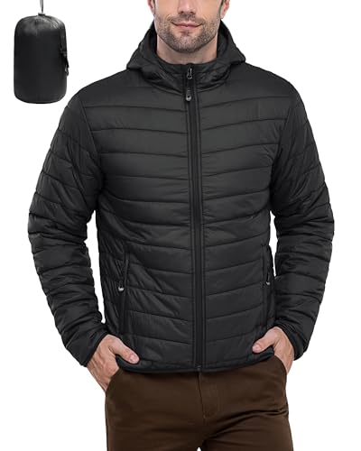 33,000ft Men's Lightweight Packable Insulated Puffer Winter Jacket with Hood, Water-Resistant Down Alternative Puffy Coat