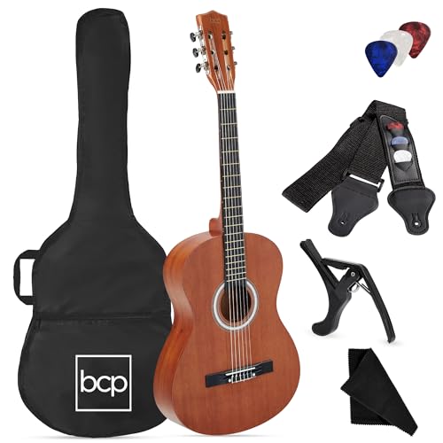 Best Choice Products 38in Beginner All Wood Acoustic Guitar Starter Kit w/Gig Bag, 6 Celluloid Picks, Nylon Strings, Capo, Cloth, Strap w/Pick Holder - Natural Mahogany