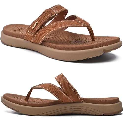 COFACE Womens Orthotic Flip Flops Ladies Slip On Yoga Mat Cushion Leather Thong Flat Sandals Summer Beach Pool FlipFlops Sandles Comfortable Plantar Fasciitis Arch Support Tan Size 7.5