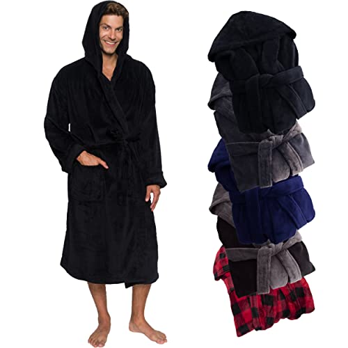 Ross Michaels Mens Robe Hooded Wrap Style - Mid Length Plush Fleece Bathrobe (Black, Large/X-Large)