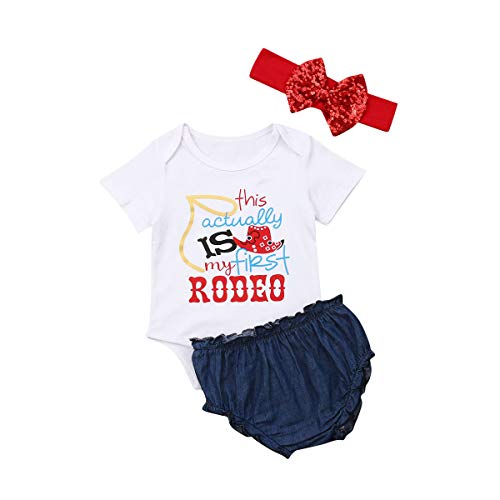 Lamuusaa Newborn Baby Girls My First Rodeo Outfits Short Sleeve Letter Printed Romper Tops Denim Shorts Headband Set 0-18M (0-3M, White)