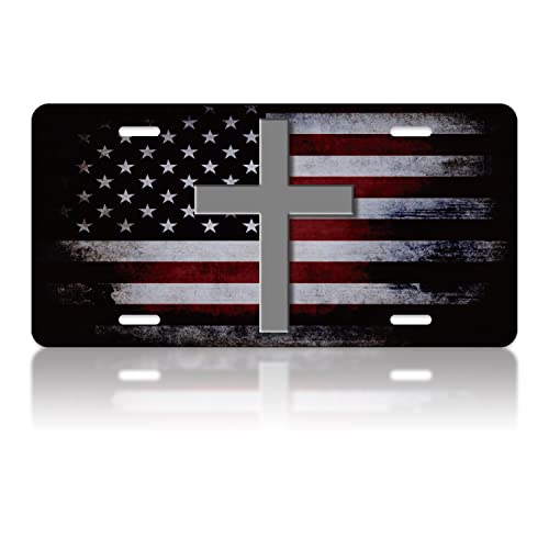 American Flag Jesus Cross Car Front License Plate Cover Christian Personalise License Plate Cover Rust-Proof Stainless Steel Metal Car Plates Tag Novelty Vanity Tag Decorative 4 Holes Men Women Gifts