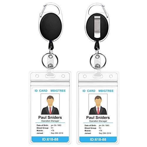 2 Pack ID Badge Holder With Clip Badge Reels Retractable Heavy Duty Clear Id Card Vertical Lanyard Holder with Carabiner Badge Reel with 24 inches Pull Cord