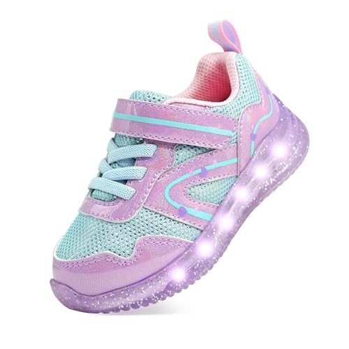 AMZZPIK Light Up Shoes for Girls Toddler LED Flashing Sneakers Breathable Walking Shoes for Kids Purple Size 8