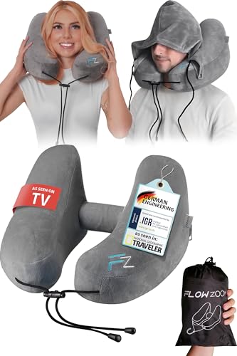 FLOWZOOM AIR Inflatable Travel Pillow - Hooded Neck Pillow Airplane - Travel Neck Pillow - Car & Plane Pillow - Airplane Pillow for Long Flight - Inflatable Neck Pillow for Traveling on Plane - Grey