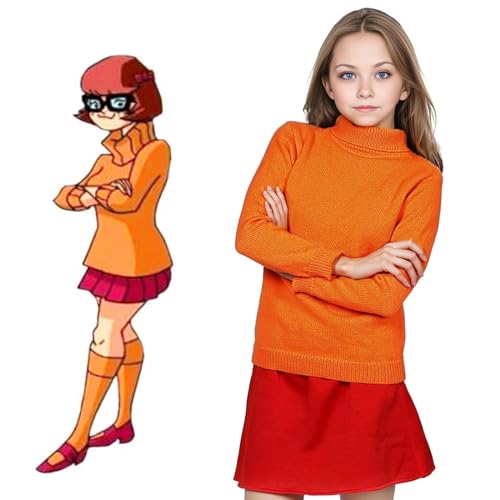 QuaYaaJoy Velma Costume Girls Kids Halloween Costume Cosplay Outfits Red Skirt for Kid Scooby Doo Long Sleeves Orange (12-14Years)