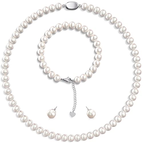 AOOVOO Genuine Freshwater Cultured Pearl Necklace for Women Girls, 9-10mm White Pearl Necklace and Earrings Set 3Pcs in AAA Quality, Mothers Day Birthday Valentine's Day Gifts, Luxury Box