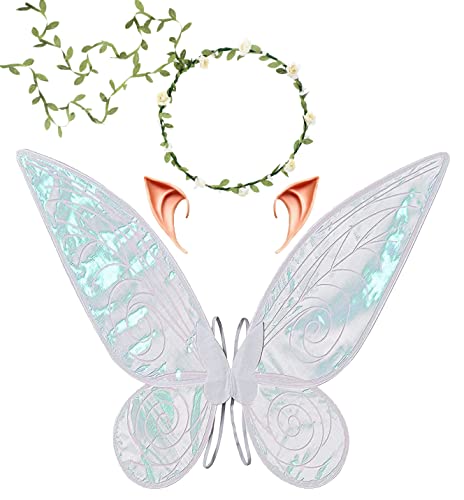 LOHZAQ Butterfly Fairy Wings Costume for Women Girl, Sparkle Princess Wing for Halloween Party Favor with Elf Ears Flower Crown