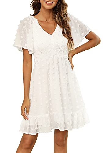 Zattcas Womens 2024 Spring Summer Casual Beach wiss Dot Smocked Short Sleeve Mini Easter Graduation Bridal Shower Maternity Wedding Guest Dress White M