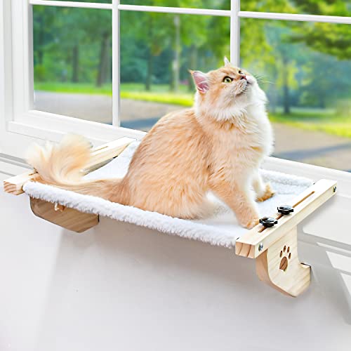 AMOSIJOY Cat Sill Window Perch Sturdy Cat Hammock Window Seat with Wood & Metal Frame for Large Cats, Easy to Adjust Cat Bed for Windowsill, Bedside, Drawer and Cabinet (24.4''-White Plush)