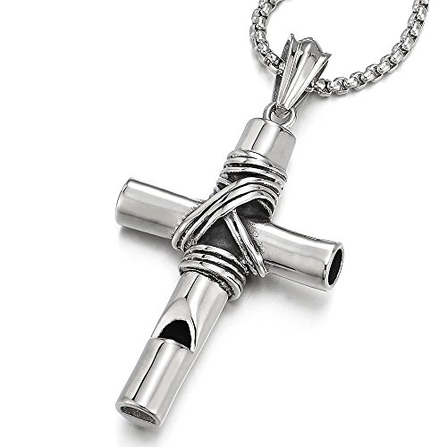 COOLSTEELANDBEYOND Vintage Steel Whistle Cross Pendant Necklace for Men Women with 30 inches Steel Wheat Chain
