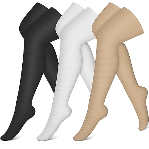 CHARMKING 3 Pairs Thigh High Compression Socks for Women and Men 15-20 mmHg Boost Circulation and All Day Comfort (L/XL, Black/White/Beige)