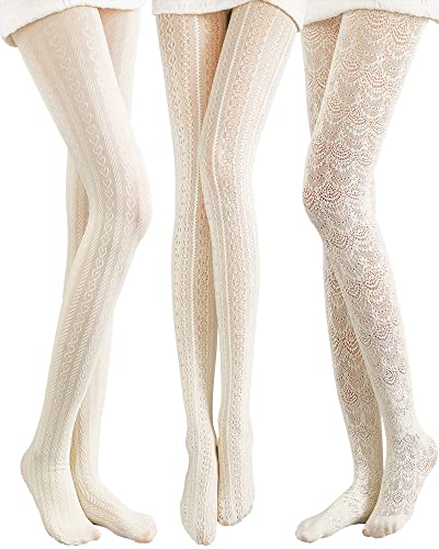 JaGely 3 Pieces Women Fishnet Patterned Tights Hollow out Knitted Chiffon Lace Stockings Tights Vertical Strips(Classic Style)