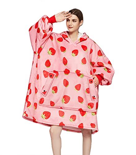 Winter Warm Oversized Blanket Hoodie Strawberry Sweatershirt with Kangaroo Pocket, Gift for Women, Pink Color with Strawberry Pattern
