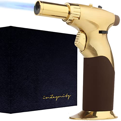 Dual Flame Butane Torch Gun - Refillable Luxury Hand Held Mini Blow Torch for Cooking, Creme Brulee, Soldering, Welding, & Resin Art - Adjustable Flame with Ignition Lock - Gold Brown by inZaynity