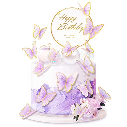 11-Pieces Purple Gold Butterfly Cake Toppers Happy Birthday Metal Gold Birthday Cake Butterfly Party Decorations