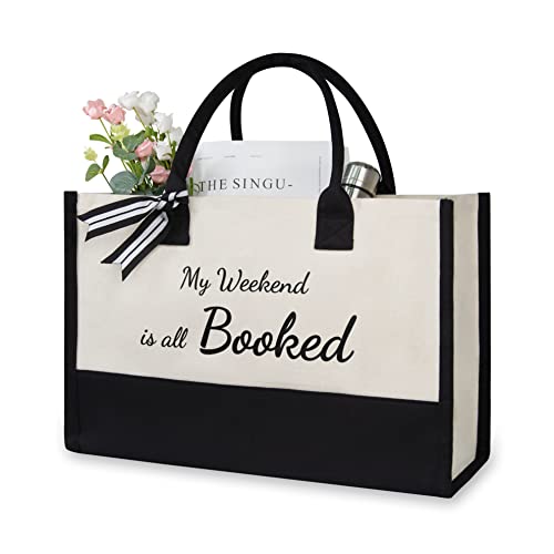 TOPDesign Cute Tote Bag, Library School Canvas Bag, Personalized Birthday Gifts for Women Teens Teacher Librarian Book Reader Book Lover, Present for Beach Travel Vacation Weekend Holiday Short Trip