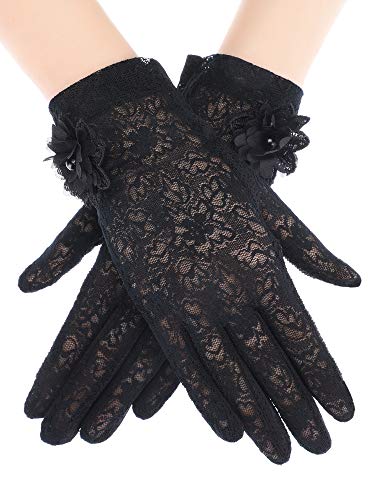 SATINIOR Lace Gloves Women Short Floral Gloves Fingerless Gloves Elegant Ladies Tea Party Gloves for Wedding Dinner Opera Party (Black)