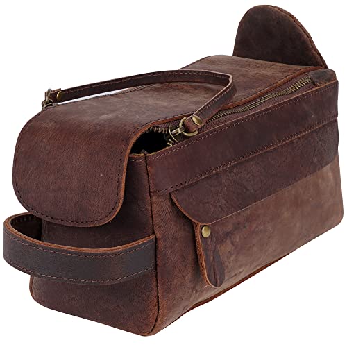 CooLeathor Leather Travel Toiletry Bag for Men, Dopp Kit Mens Shaving Bag with Zipper Pocket and Hanging Loop, Distressed Brown