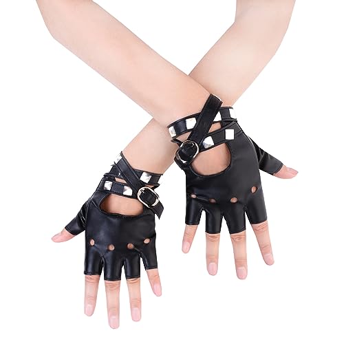 JISEN Women Punk Belt Up Half Finger PU Leather Performance Gloves Black