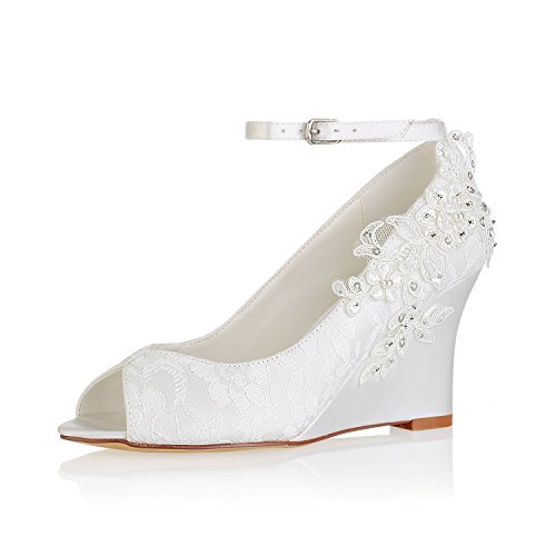 Emily Bridal 440-8-2 Women's Wedding Shoes Peep Toe 3.15 Inches Wedge Heel Satin Pumps with Imitation Pearl Ribbon Tie Sequin Lace Flower Bridal Shoes (EU40/9 B(M) US, Ivory)