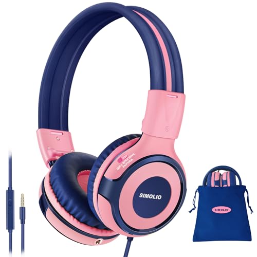 SIMOLIO Kids Headphones with Cord, 75dB/85dB/94dB Volume Limited Wired Headphones for Kids, Headphones with Mic for Girls/Boys/Children/Teens/Smartphones/School/Airplane Travel/Tablet (Pink)