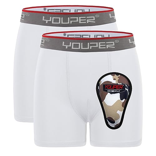 Youper Youth Brief w/Soft Athletic Cup, Boys Underwear w/Baseball Cup (2-Pack) (White, X-Small)