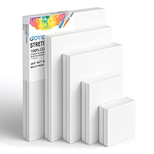 GOTIDEAL Stretched Canvas, Multi Pack 4x4', 5x7', 8x10',9x12', 11x14' Set of 10, Primed White - 100% Cotton Artist Canvas Boards for Painting, Acrylic Pouring, Oil Paint Dry & Wet Art Media