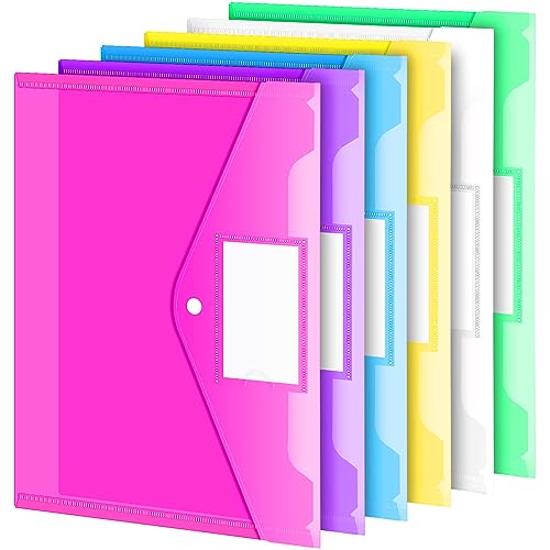 Sooez 6 Pack Plastic Envelopes Poly Envelopes, Clear Document Folders US Letter A4 Size File Envelopes with Label Pocket & Snap Button for Home Work Office Organization, 6 Assorted Colors