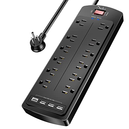 Power Strip, Nuetsa Surge Protector with 12 Outlets and 4 USB Ports, 6 Feet Flat Plug Extension Cord (1875W/15A) for for Home, Office, Dorm Essentials, 2700 Joules, ETL Listed (Black)