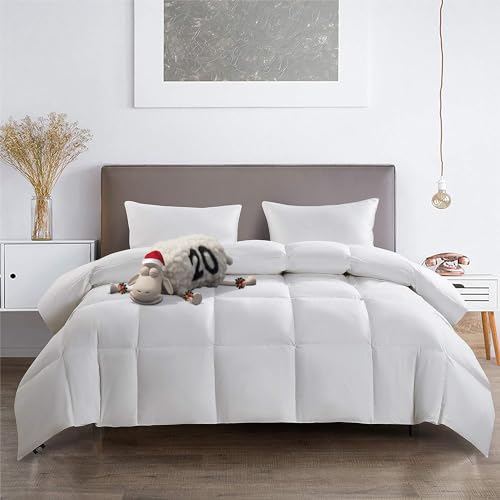 Serta White Goose Feather Down Comforter Twin Size - All Seasons 100% Cotton Down Duvet Insert 233 Thread Count with Corner Loops, Hotel Luxury Edition Hypoallergenic