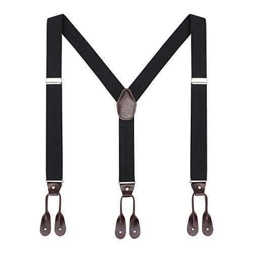 AWAYTR Mens Brown Button End Suspenders - Adjustable Elastic Y Shape Tuxedo Suspender (Black)