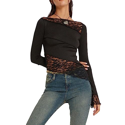 Women Lace Long Sleeve Shirt Top Y2K Slim Fit Crop Top Sexy Lace Low Cut Top Tee Club Streetwear(I-Black,S)
