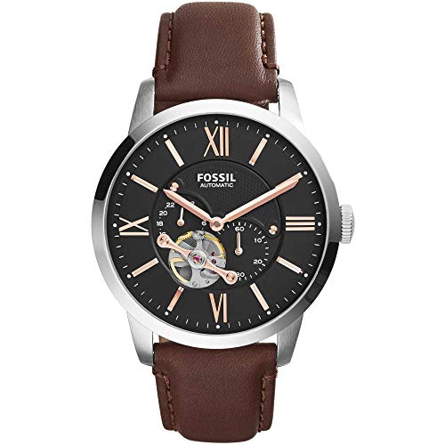 Fossil Men's Townsman Automatic Stainless Steel and Leather Two-Hand Skeleton Watch, Color: Silver, Brown (Model: ME3061)