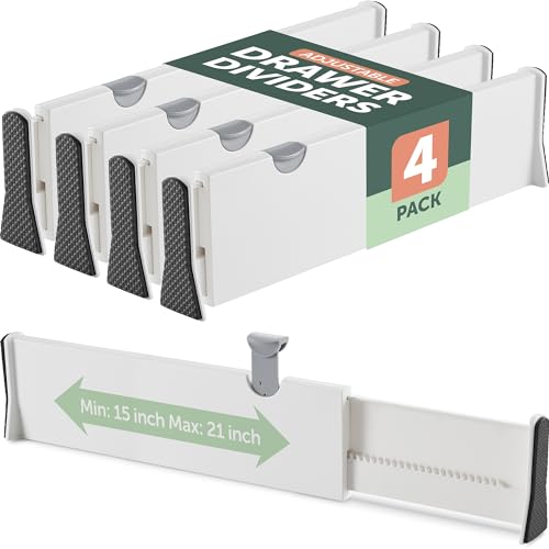 Drawer Divider Set of 4, Adjustable Length 11' - 17' Drawer Organizers, Locks in Place, Easy-Assemble, Secured, Foam Ends, for Bedroom, Bathroom, Kitchen & Office Organization and Storage
