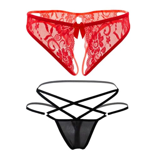 women's black charming thong lingerie lace G-string T-back panties strappy body harness panties (Floral-Red, Large)